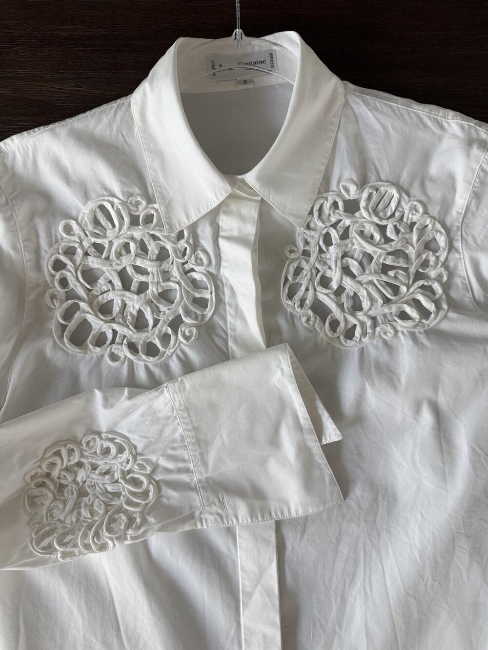 Anne Fontaine Shirt Womens 3 White Embroidered Cutout Button Front Top Applique